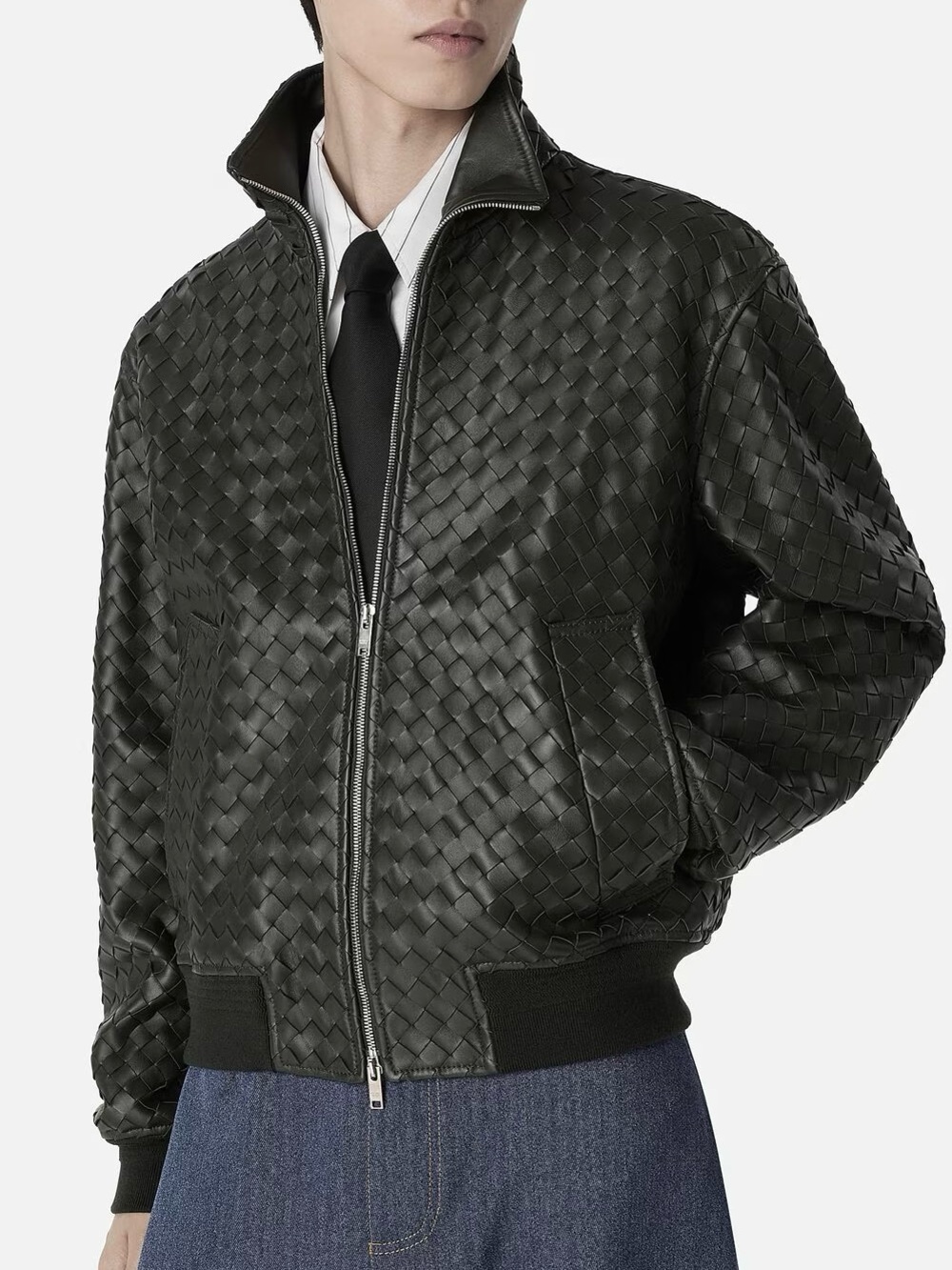 Intrecciato black woven genuine leather blouson bomber jacket - Bottega Vibes!